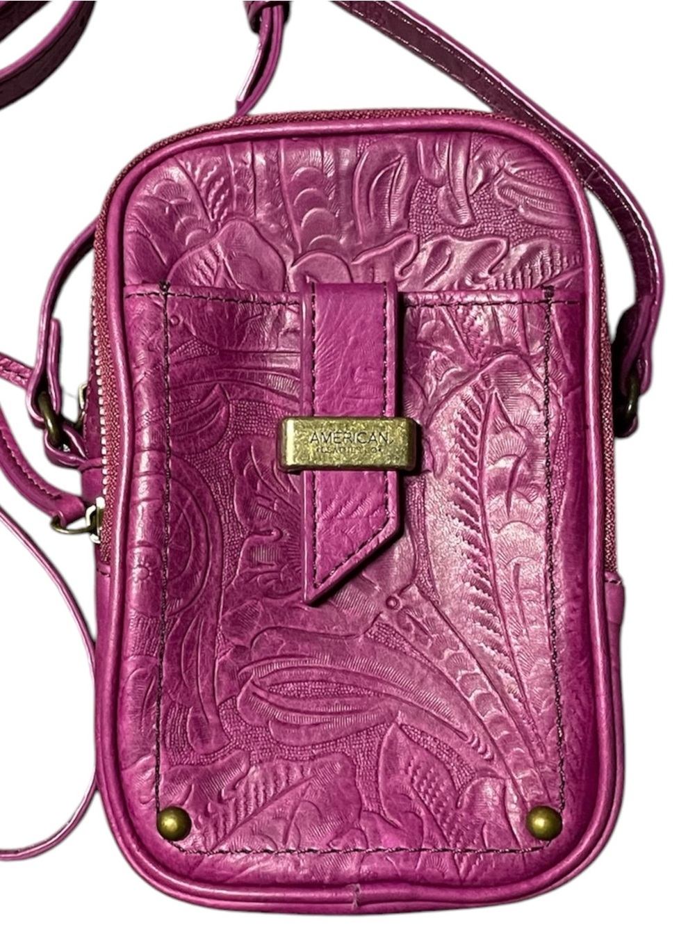 Pink American Leather Co Tooled Essex Camera Crossbody Bag